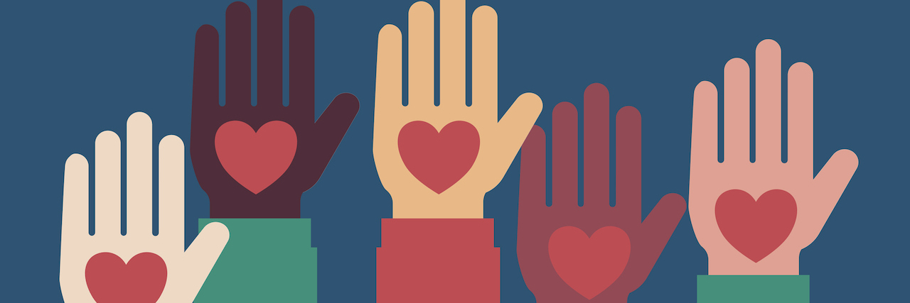 Diverse set of illustrated hands with hearts in their palms
