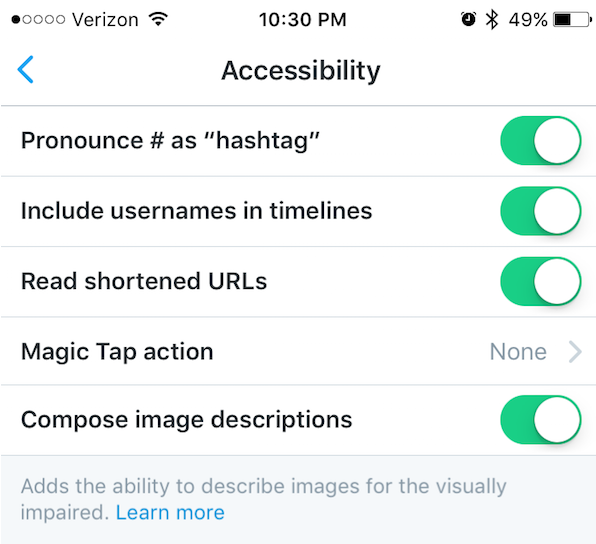 screen grab of Twitter app showing accessibility settings, including: "pronounce # as 'hashtag'" "include usernames in timelines" "read shortened URLs" "magic tap action" and now "compose image descriptions"