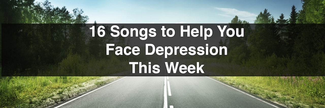 A meme that says, "16 Songs to Help You Face Depression This Week"