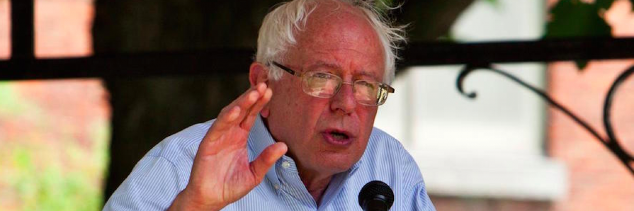 Why Bernie Sanders' Mental Health Joke Doesn't Matter Senator and Presidential candidate Bernie Sanders speaking outside in button down shirt