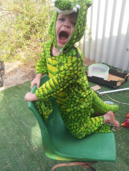 little boy wearing a green crocodile costume