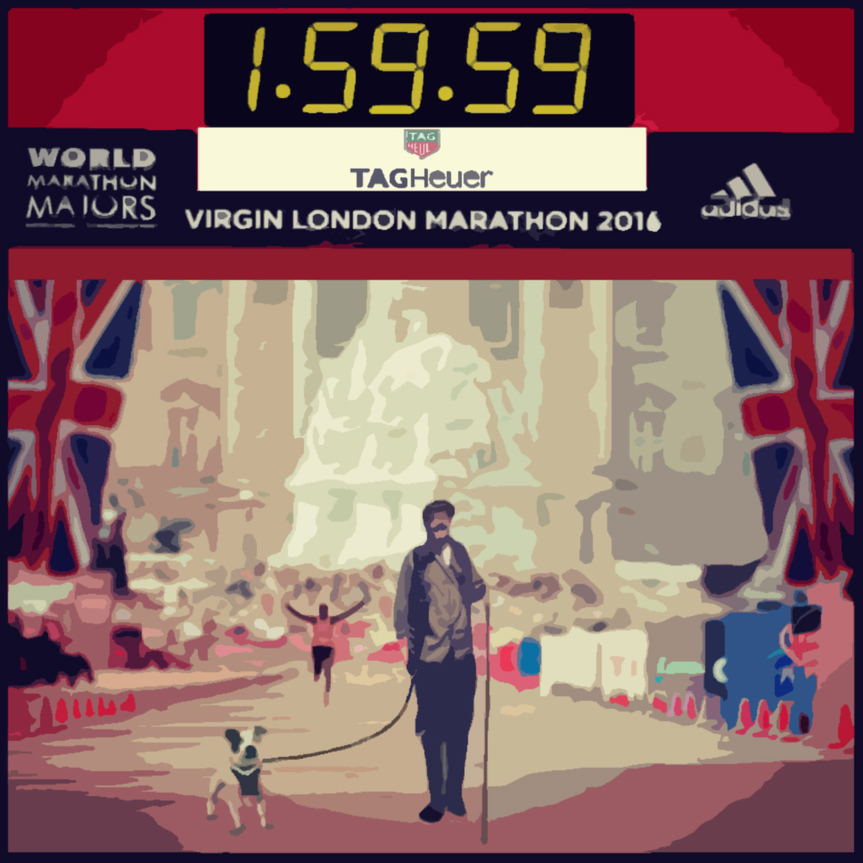 A drawing of a man and a dog walking past the finish line of the 2016 London Marathon