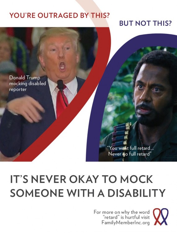 An ad created by Family Member, a nonprofit organization that hopes to eradicate hateful speech about people with disabilities, which is currently running in The Hollywood Reporter.