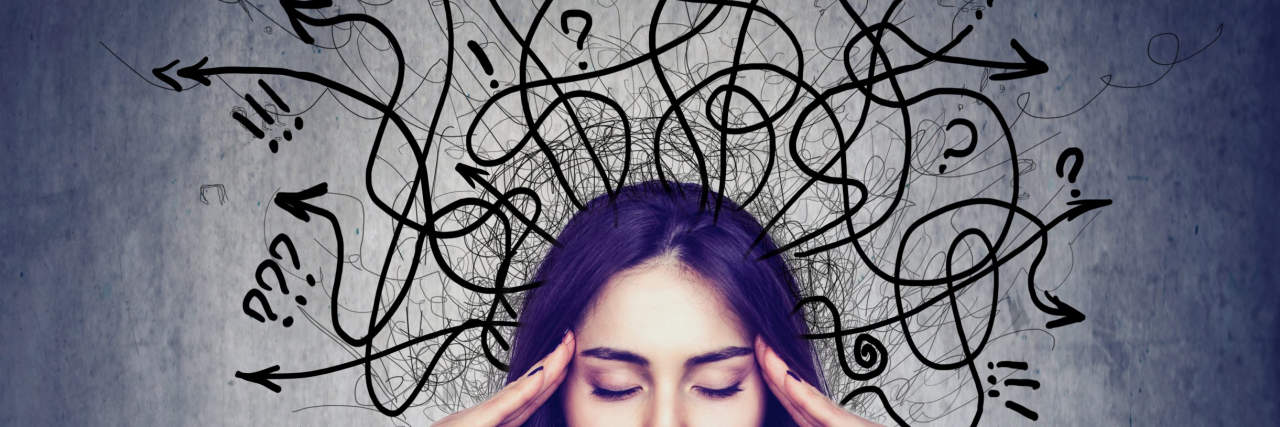 a woman with hands on her temples and drawings of arrows, exclamation points, and question marks spiraling out from her head