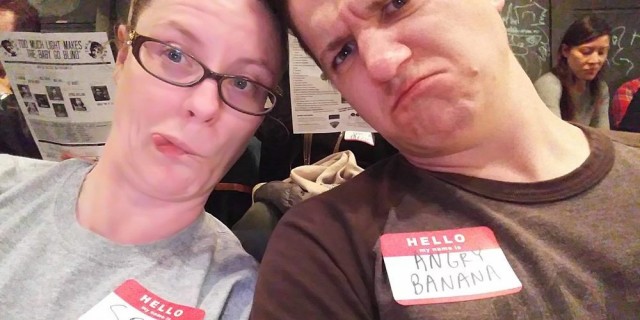 The author and her husband wearing name tags.