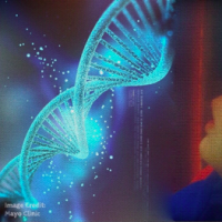 author's son leo looking at an image of DNA