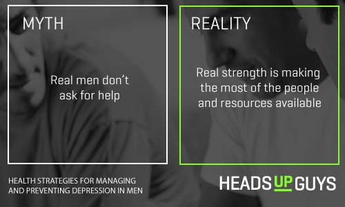 On the left it reads, Myth: Real men don't ask for help. On the right it reads: Reality: Real strength is making the most of the people are resources available. 