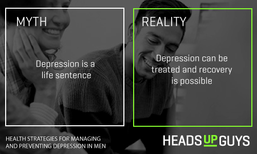 On the left it reads: Myth: Depression is a life sentence. On the right it reads: Depression can be treated and recovery is possible. 