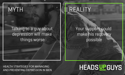 On the left it reads myth: Talking to a guy about depression will make things worse. On the right it reads: Reality: Your support could make his recovery possible. 