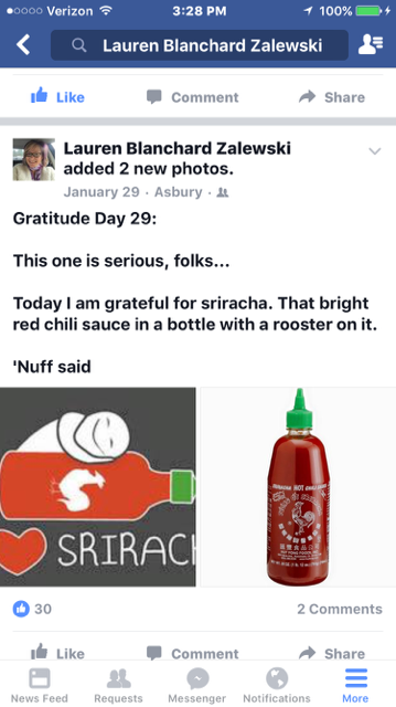 screenshot of a Facebook post about being grateful for sriracha