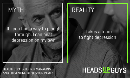 On the left it reads: If I can find a way to plough through, I can beat depression in my own." On the right it reads, Reality: It takes a team to fight depression. 