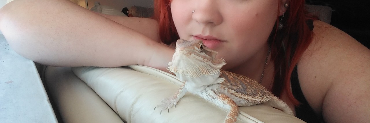 The author with Drogon, her pet bearded dragon