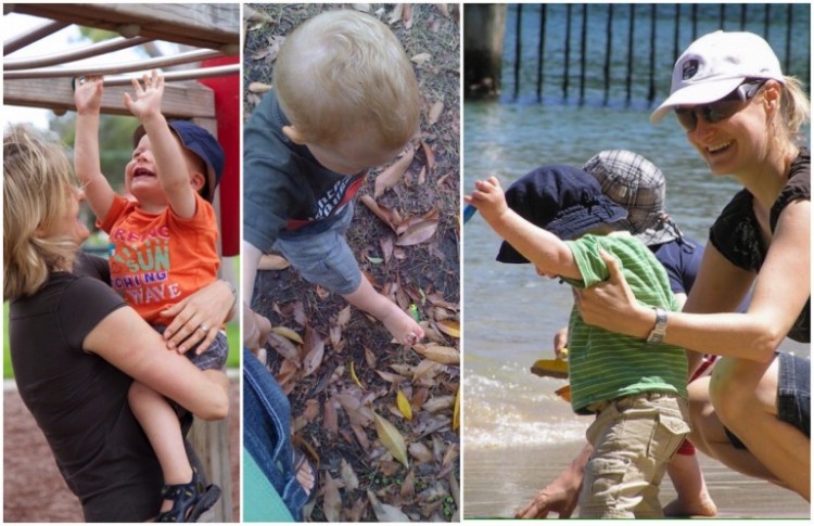 three photos side by side of a mom with her son