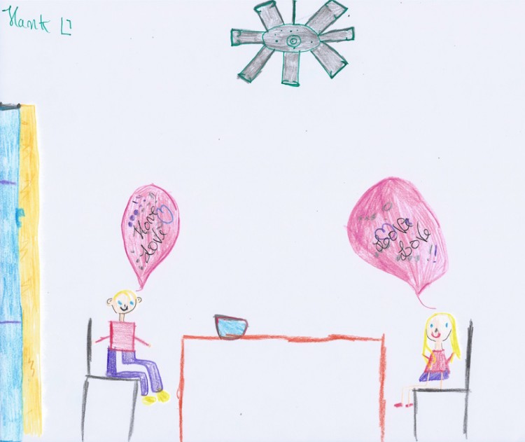 child's drawing of two people sitting at a table and talking
