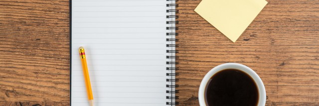 Notebook with pencil Adhesive Note and cup of coffee, Planning