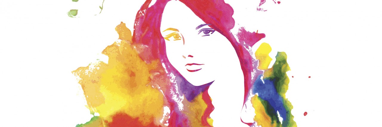 Portrait of elegant woman lookinf at camera. Vector hand drawing by water color splashes