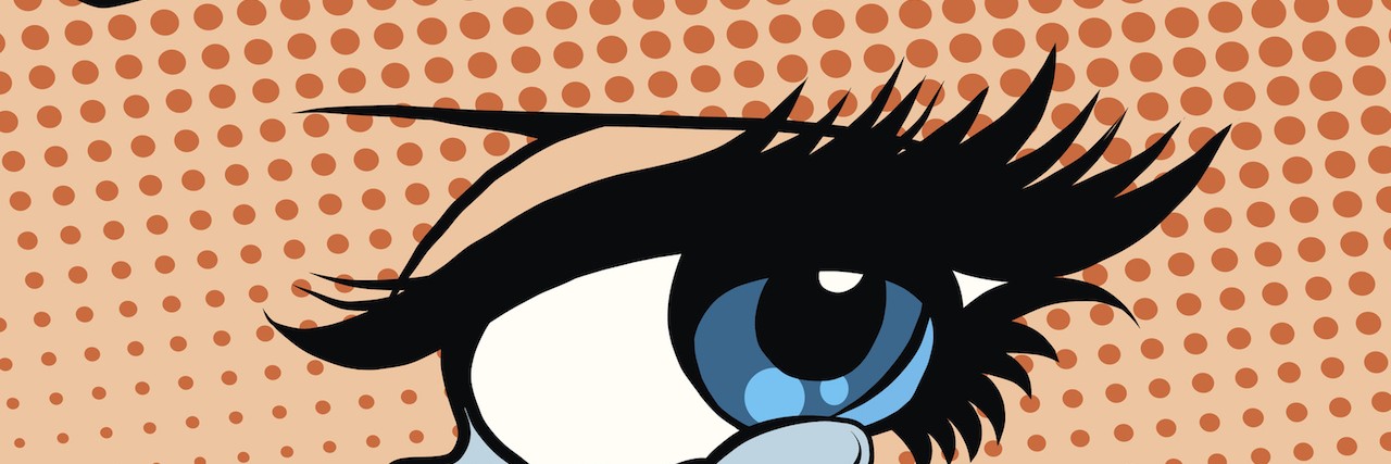 Illustration in pop art style of a woman's eye crying