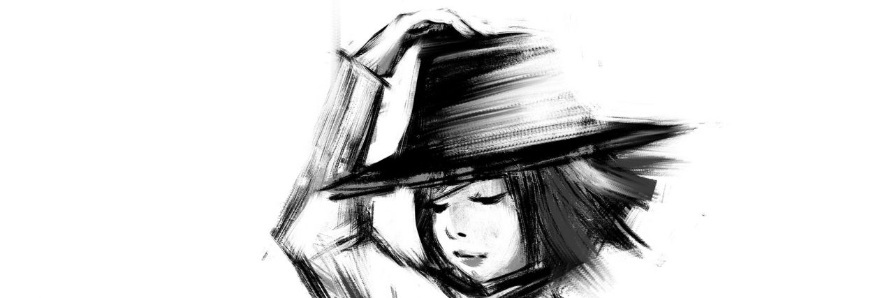 digital painting of sketched beautiful girl in hat, acrylic on canvas texture