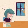 Vector illustration of a cartoon girl studying with a bored expression, looking out of window showing a bird singing outside.
