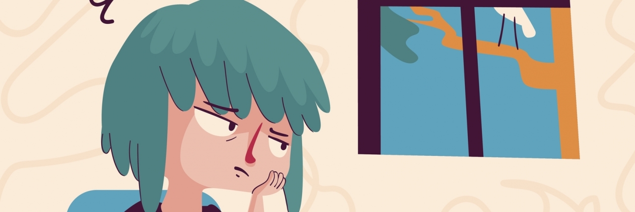 Depression, Creativity and Writer's Block Vector illustration of a cartoon girl studying with a bored expression, looking out of window showing a bird singing outside.