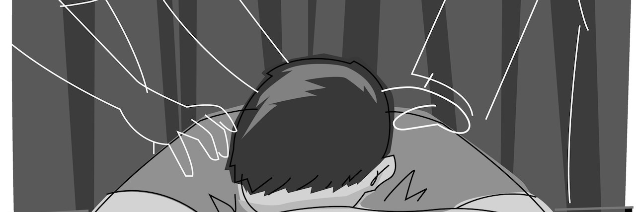 Reminders While You're Depressed A depressed male teen with his head in his folded arms and outlines of his parents hands on his back