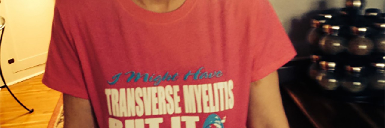 Hilary in her transverse myelitis t-shirt.