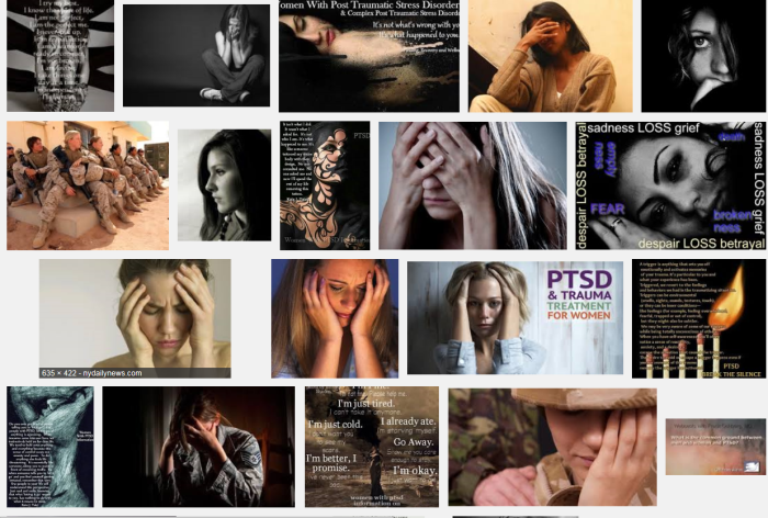 search results for "women and PTSD" -- all the women are clearly distraught.
