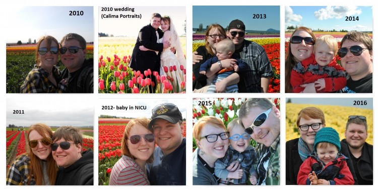 eight photos of a couple in tulip field
