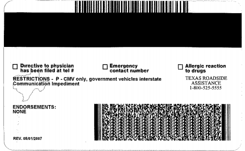 The back of a Texas driver's license shows the "communication impediment" notice.