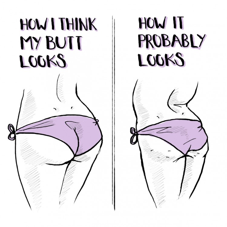 [Left Side Image: Text saying “How I think my butt looks” with an illustration of a perfect round bum in a purple bikini. Right Side Image: Text saying “How it probably looks: with an illustration of a dimple flat bum in a purple bikini with a curved back]