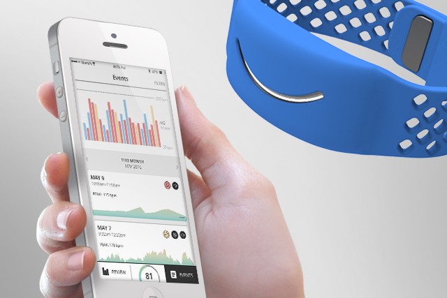 This photo, provided by Awake Labs, shows the Reveal band and smartphone app.