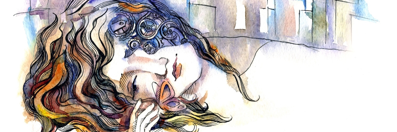 illustration od a woman sleeping, a ciy landscape in the background, and half of her face showing the inside of her brain