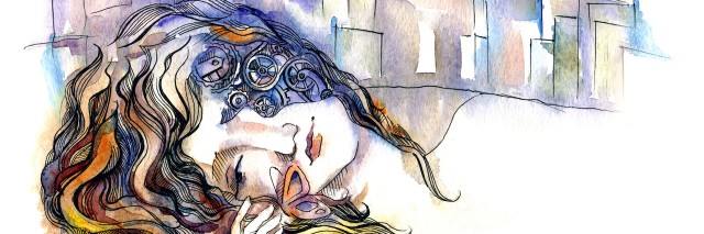 illustration od a woman sleeping, a ciy landscape in the background, and half of her face showing the inside of her brain