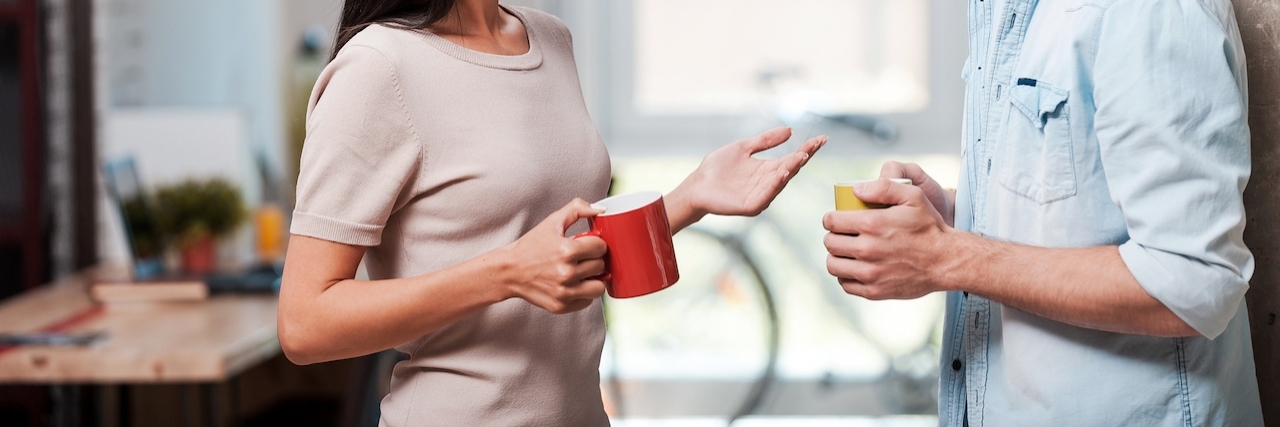 Woman and man talking