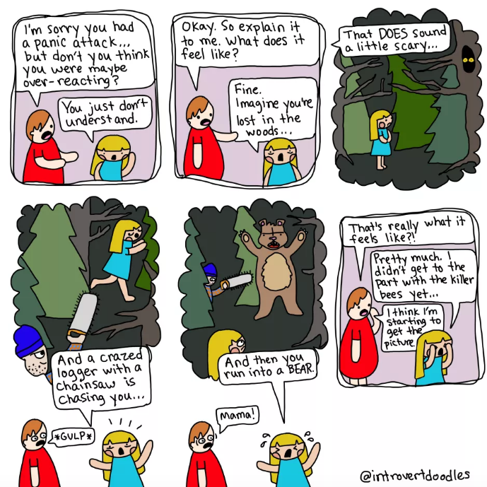 Comic explaining how anxiety is like having a bear jump out at you.