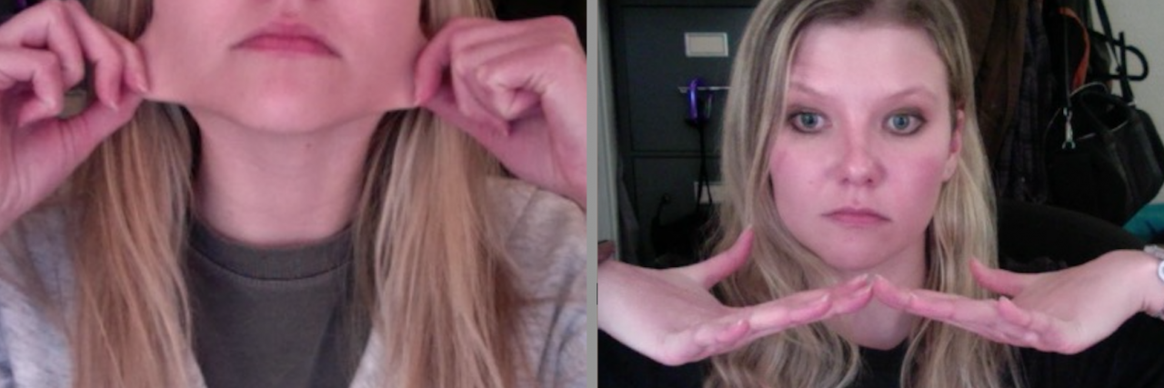Two selfies of the author. On the left, a woman with blonde hair stretching her face. On the right, a woman bending her fingers