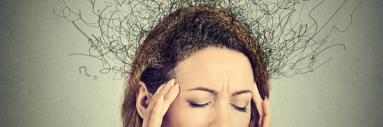 Inner Monologue of a Mom With Anxiety Woman with a stressed face, hands on temples, and lines coming from her head to indicate stress