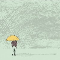 Hand drawn illustration of figure standing in rainy weather