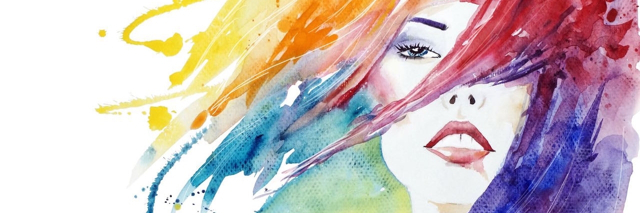 face close-up fashion illustration, hand painted watercolor illustration of woman's head and hair