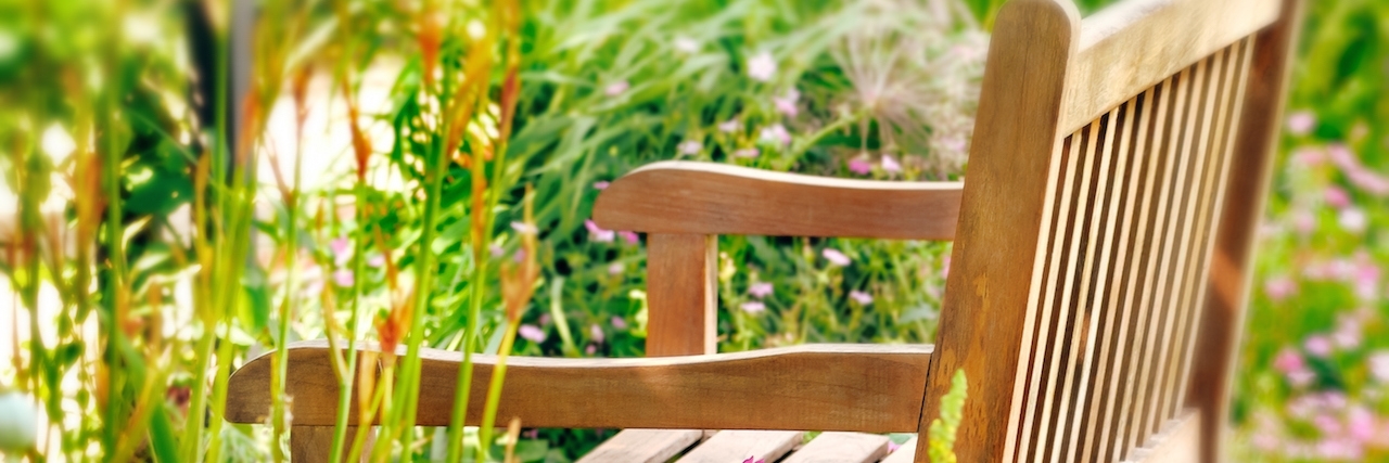 Learning Self-Care With Chronic Illness and Depression Wooden Bench in a wildflower garden. Square composition.