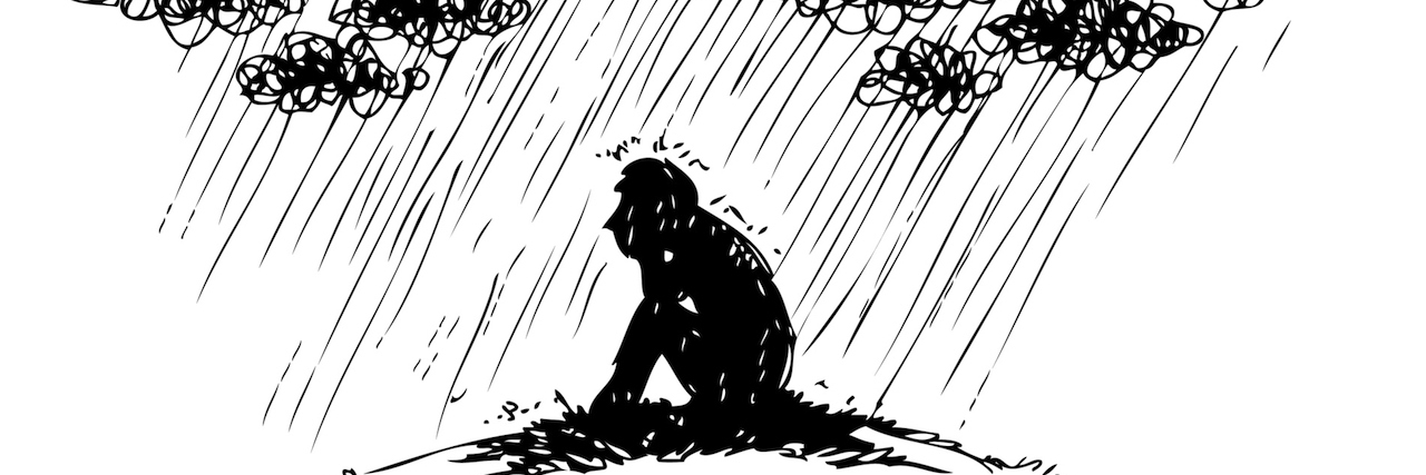 Man under stormy rainy clouds. Concept sketched illustration about sadness and depression.