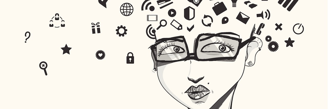 Benefits and Drawbacks of Technology for People With Mental Illness girl with social media signs around her head