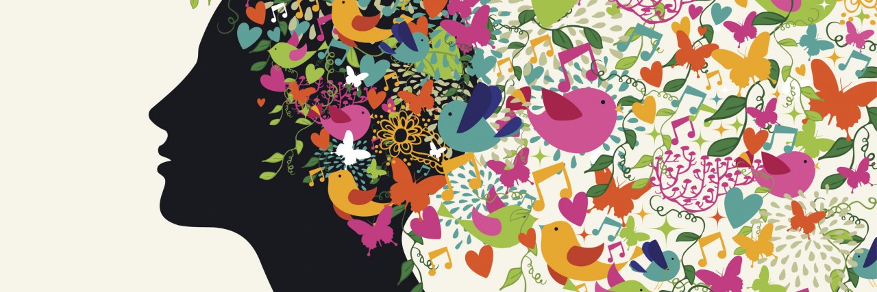 Experiential Therapy With Horses for My Eating Disorder silhouette of woman with colorful birds and flowers coming out of her head