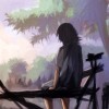 digital painting of sad woman on bench