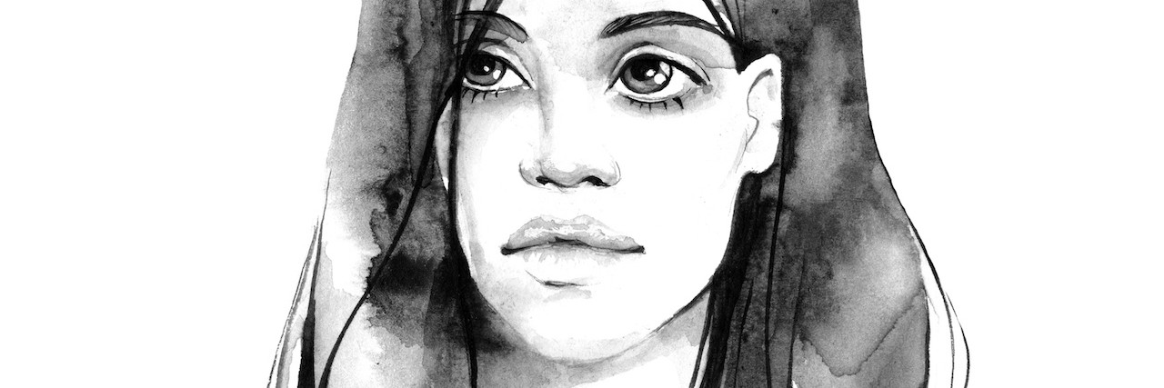 Black and white watercolor illustration of a woman