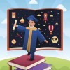 A vector illustration of graduation student standing on top of stack of books