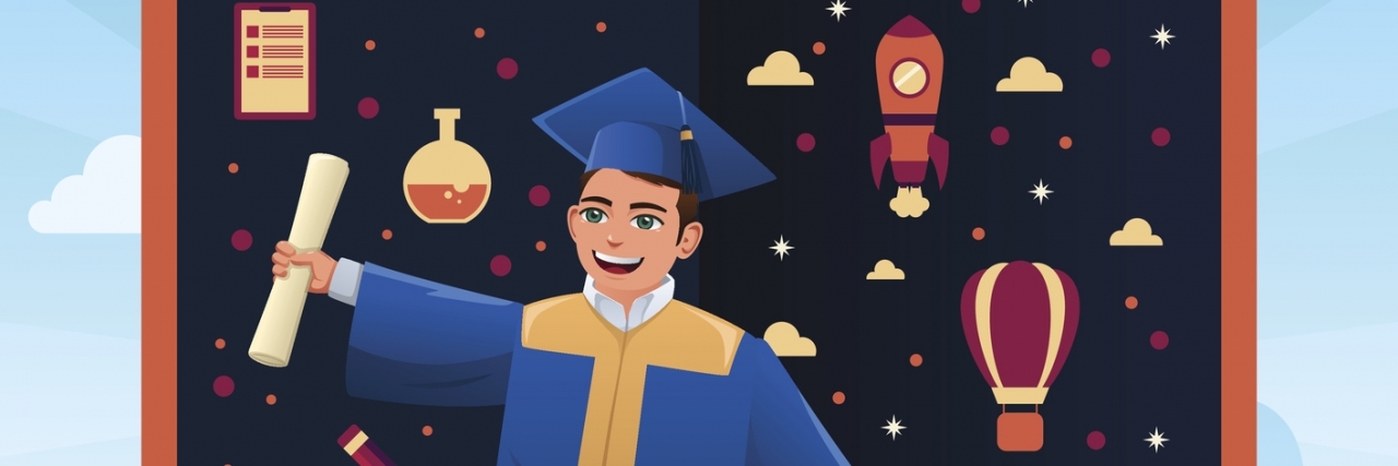 A vector illustration of graduation student standing on top of stack of books