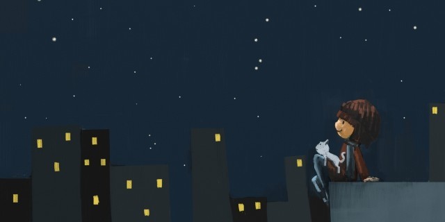 Girl with white cat in the night city illustration, Digital painting, Acrylic on canvas style