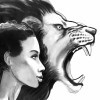 Ink painting of a black woman and an angry lion