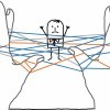 A cartoon man trapped in a web of string.